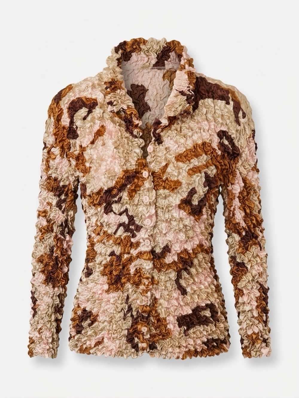 Ruffled Textured Button-Front Cardigan in Cream, Pink & Brown